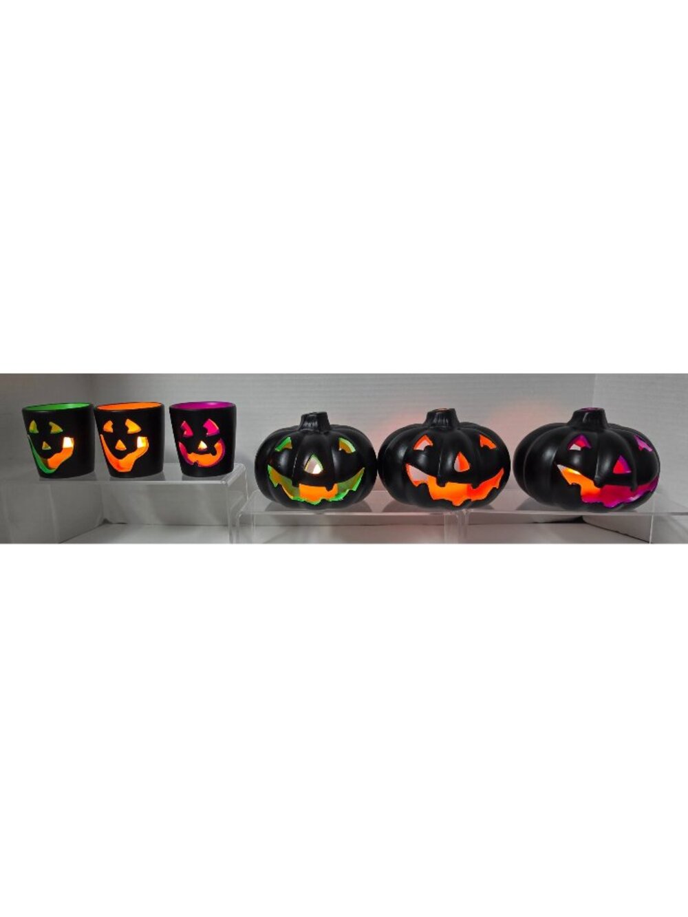 Halloween Jack O Lantern Candle Holders Set of 6 Black Neon Pumpkin Votive